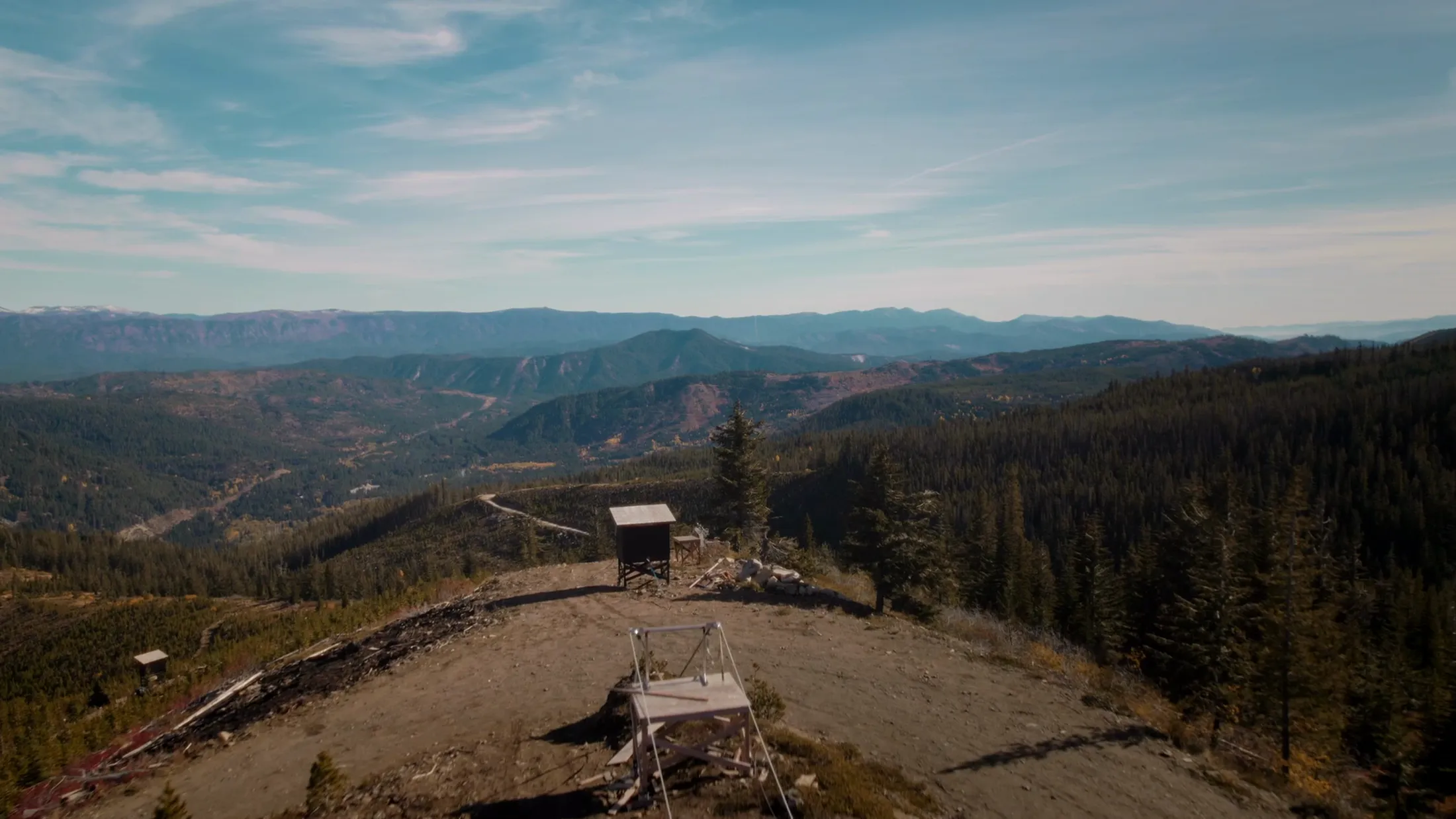 Aerial of an overlook platform above the valley