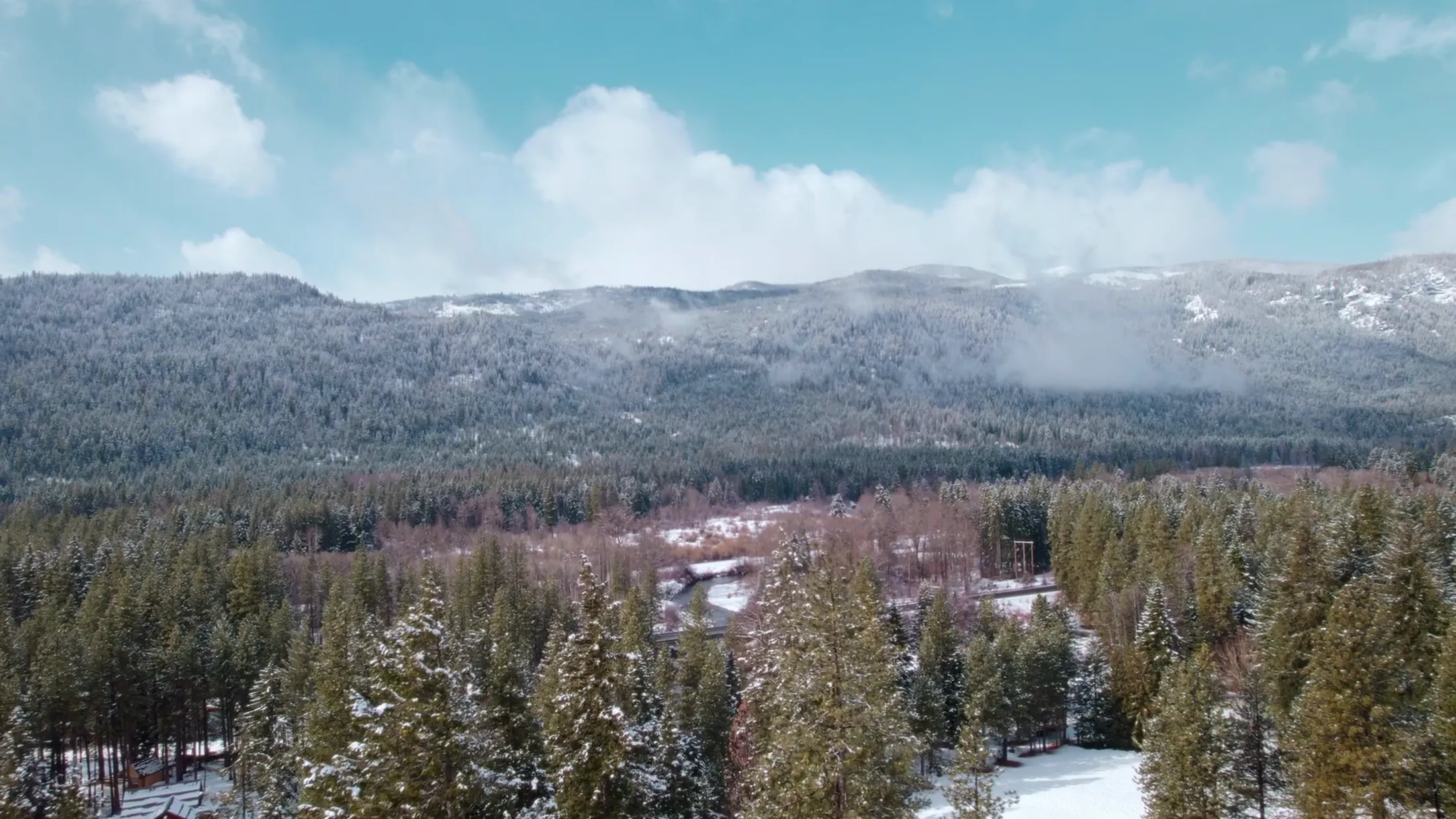Aerial over snow-dusted forest toward the valley