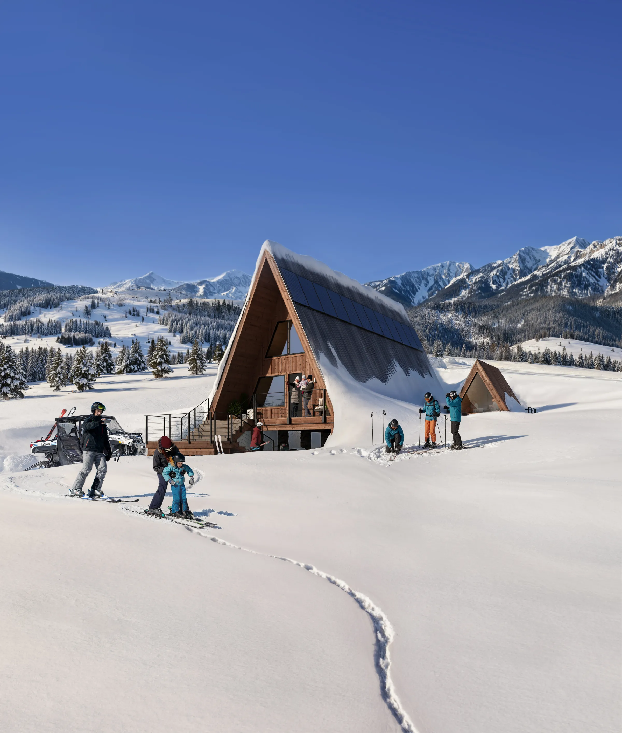 Rendering of the Altahaus A-frame cabin in snow