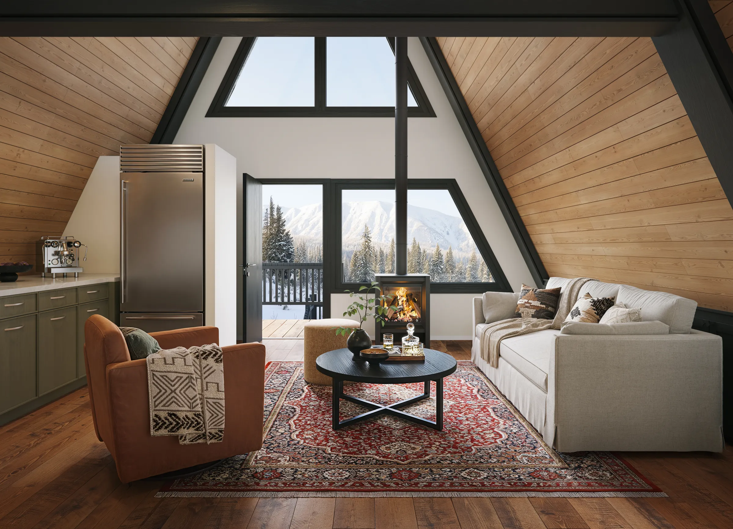 Rendering of the Altahaus living room under the A-frame roof