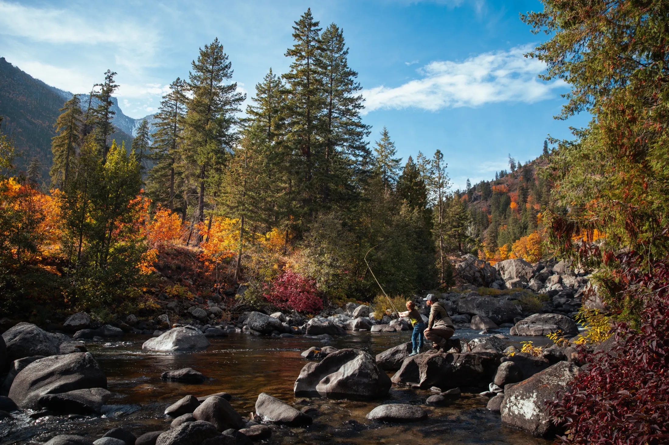 River pools under firs and fall color