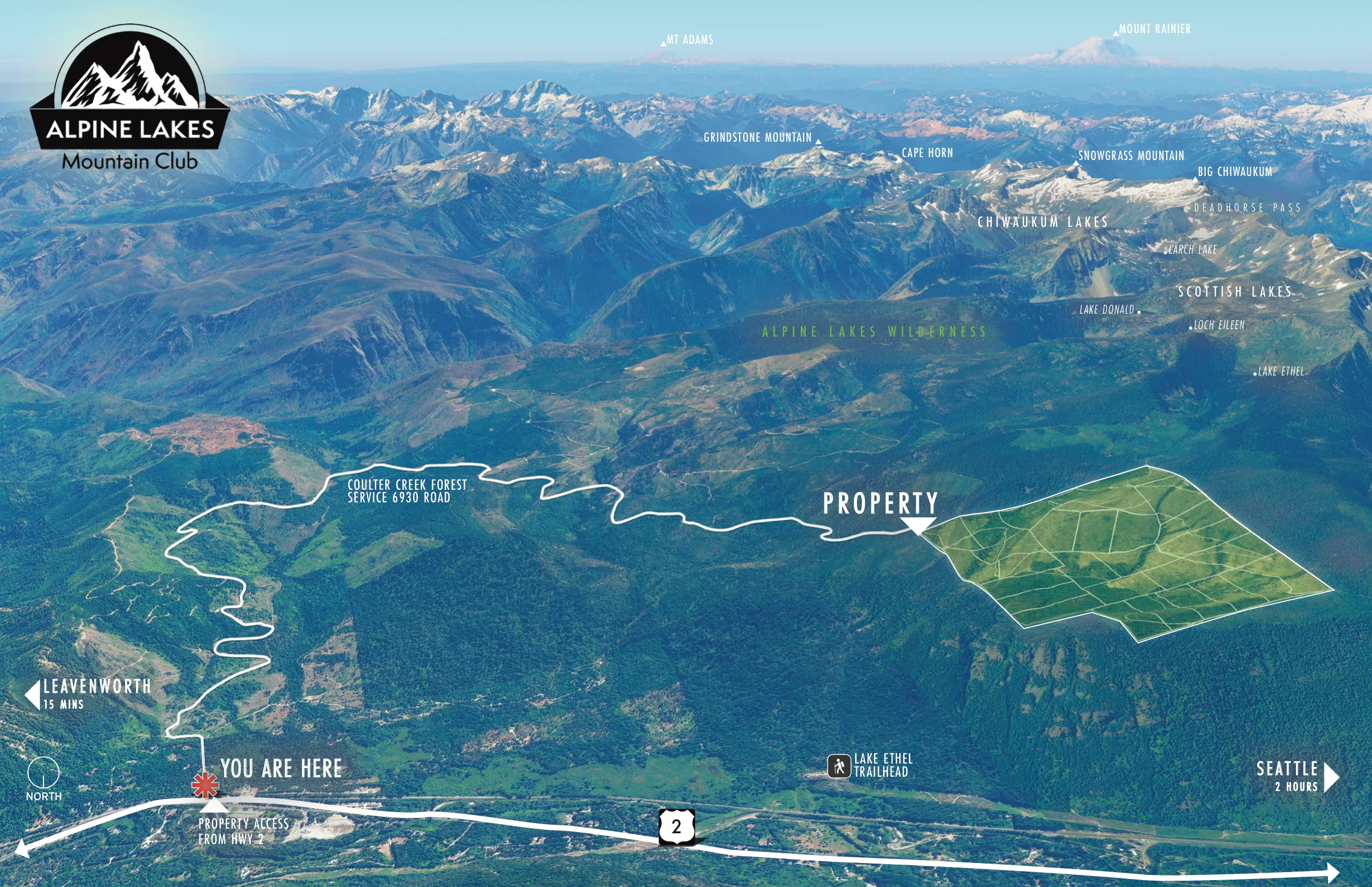 Perspective map of the property inside the Alpine Lakes Wilderness