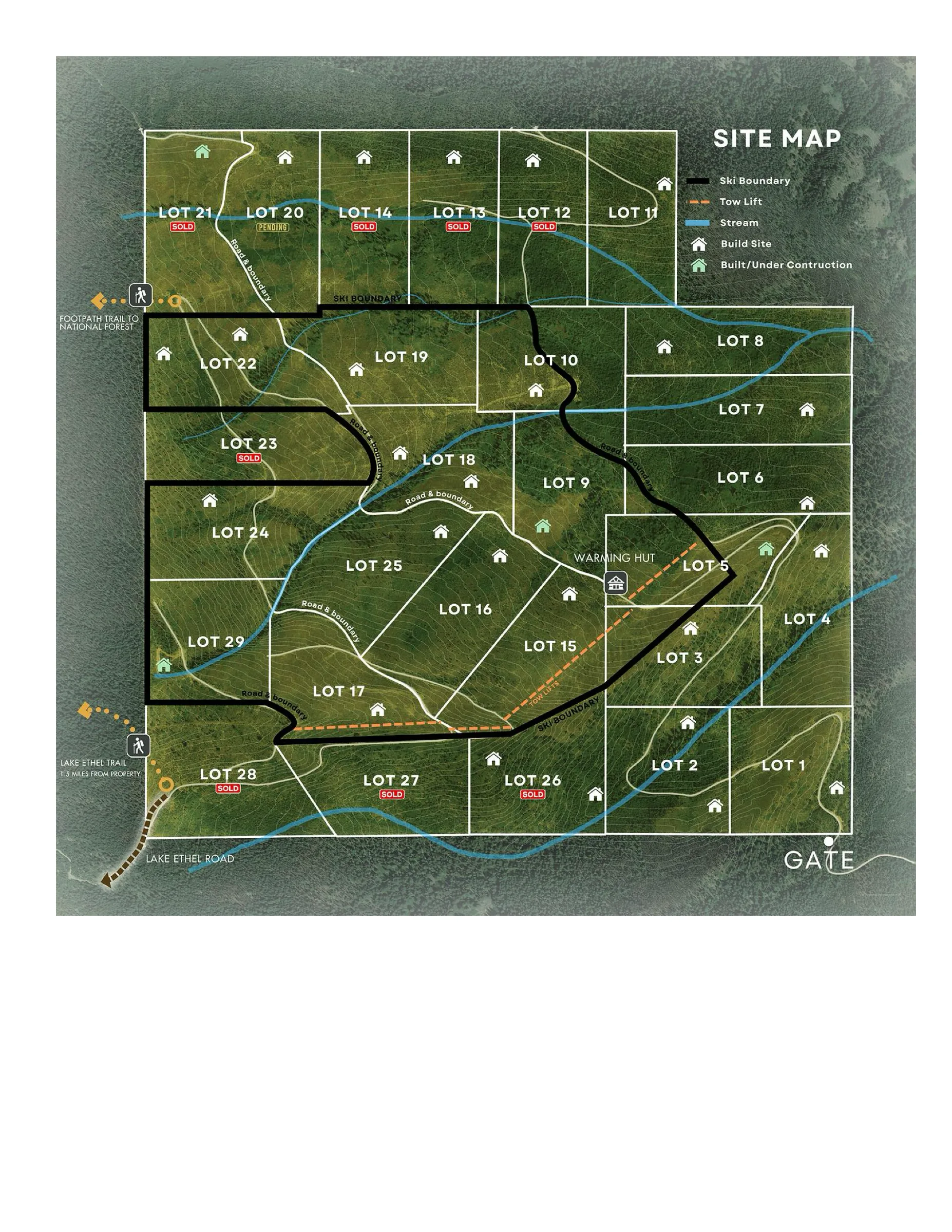 Site map of the numbered 20-acre homesites inside the gate
