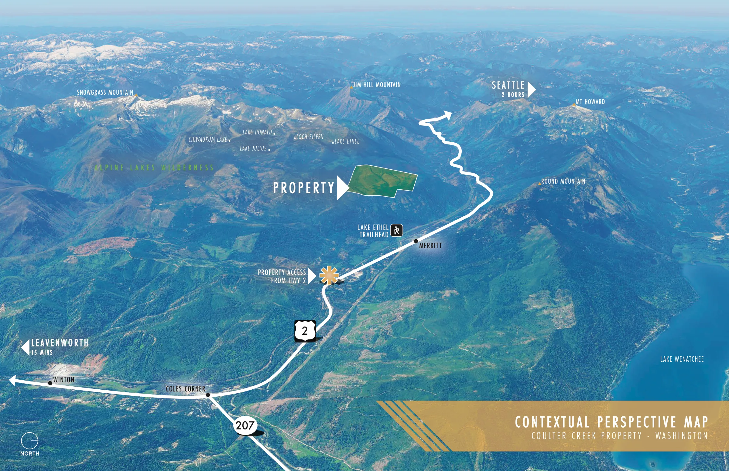 Contextual perspective map showing property access from Highway 2