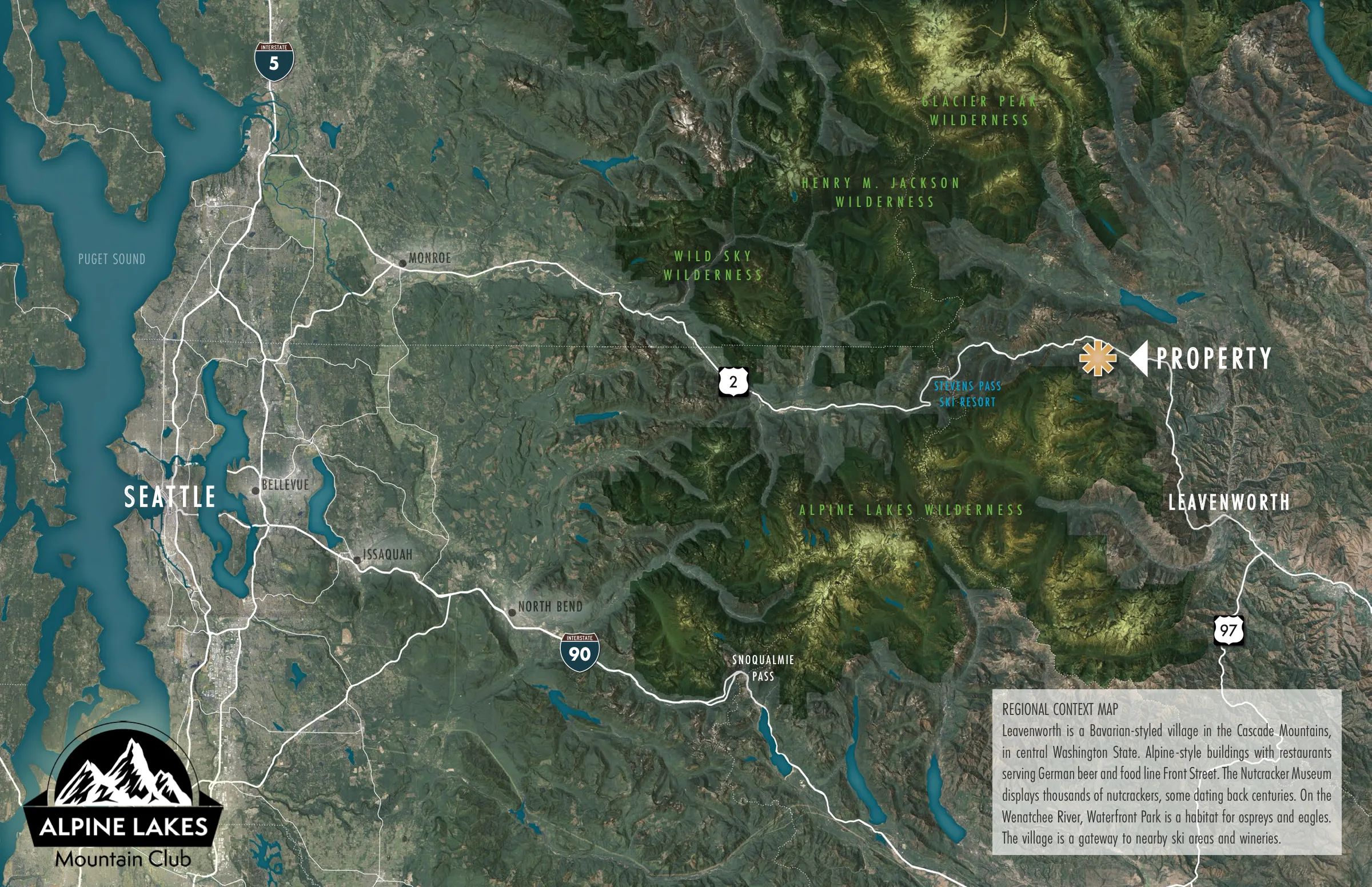 Regional map from Seattle east along Highway 2 to the property near Leavenworth