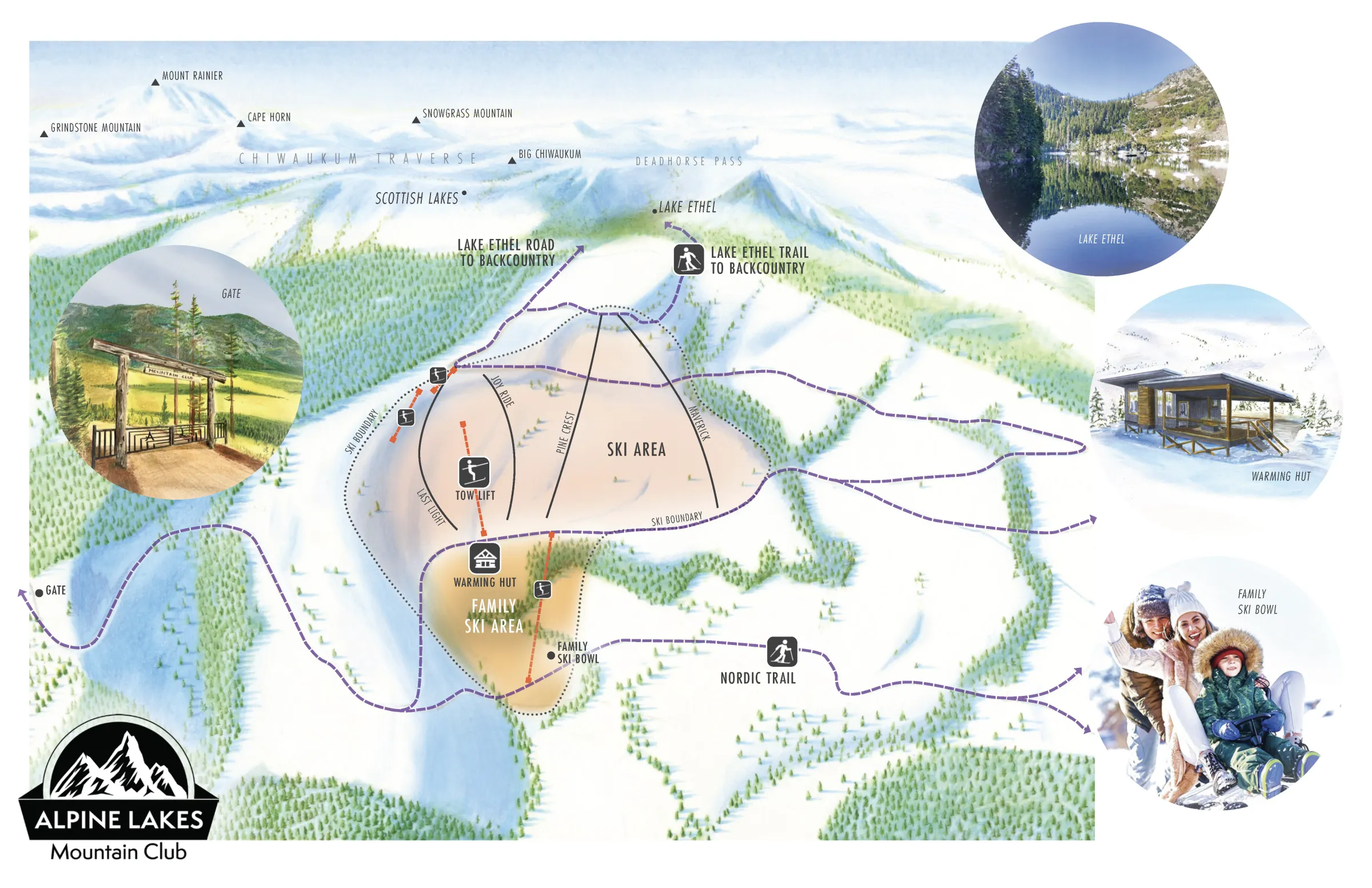 Illustrated map of the private ski area, warming hut, Nordic trail and trail to Lake Ethel