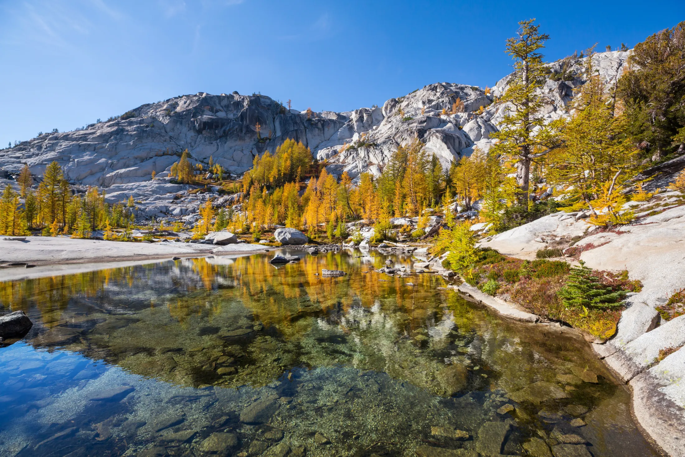 Clear alpine lake reflecting granite peaks and larches