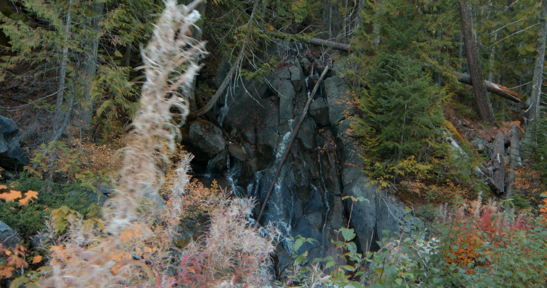 Waterfall running through rock and fall foliage