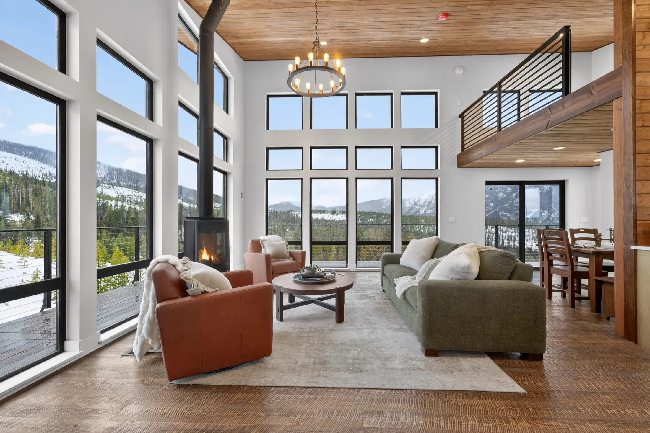 Living room under the loft with mountain views