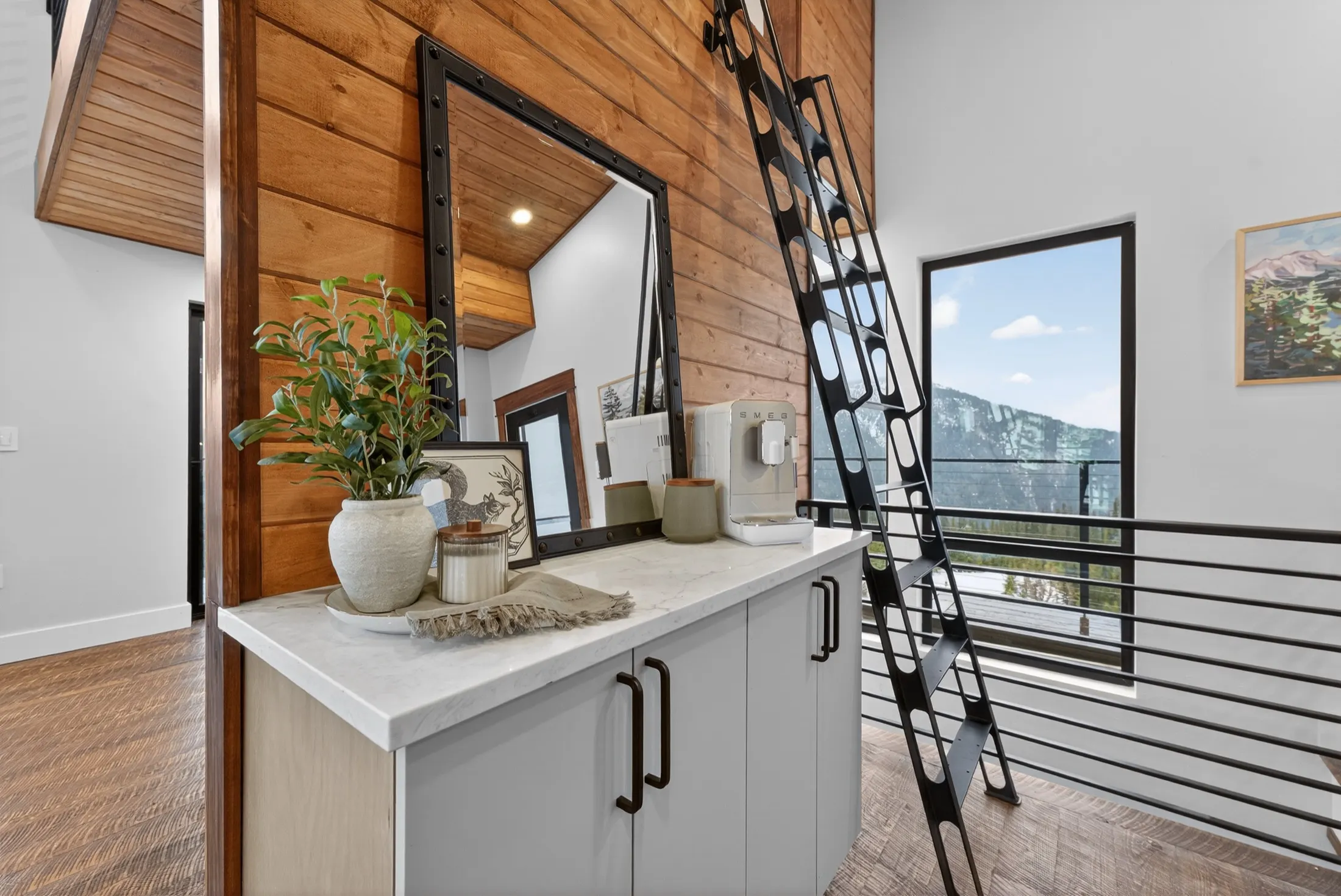 Coffee station beside the loft ladder