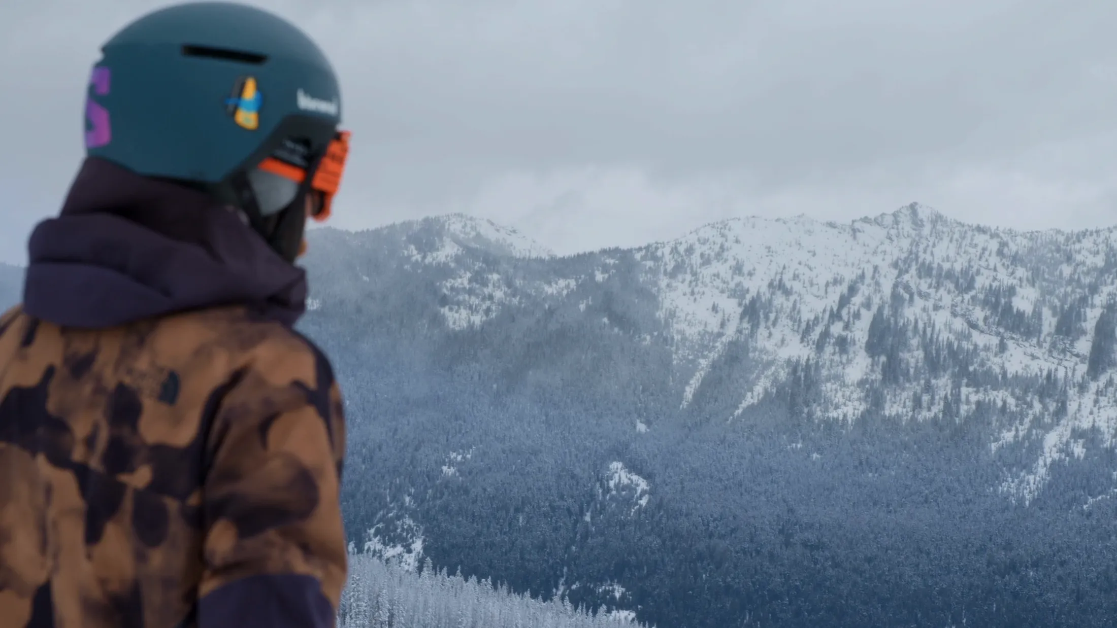 Skier gazing across a snowy valley