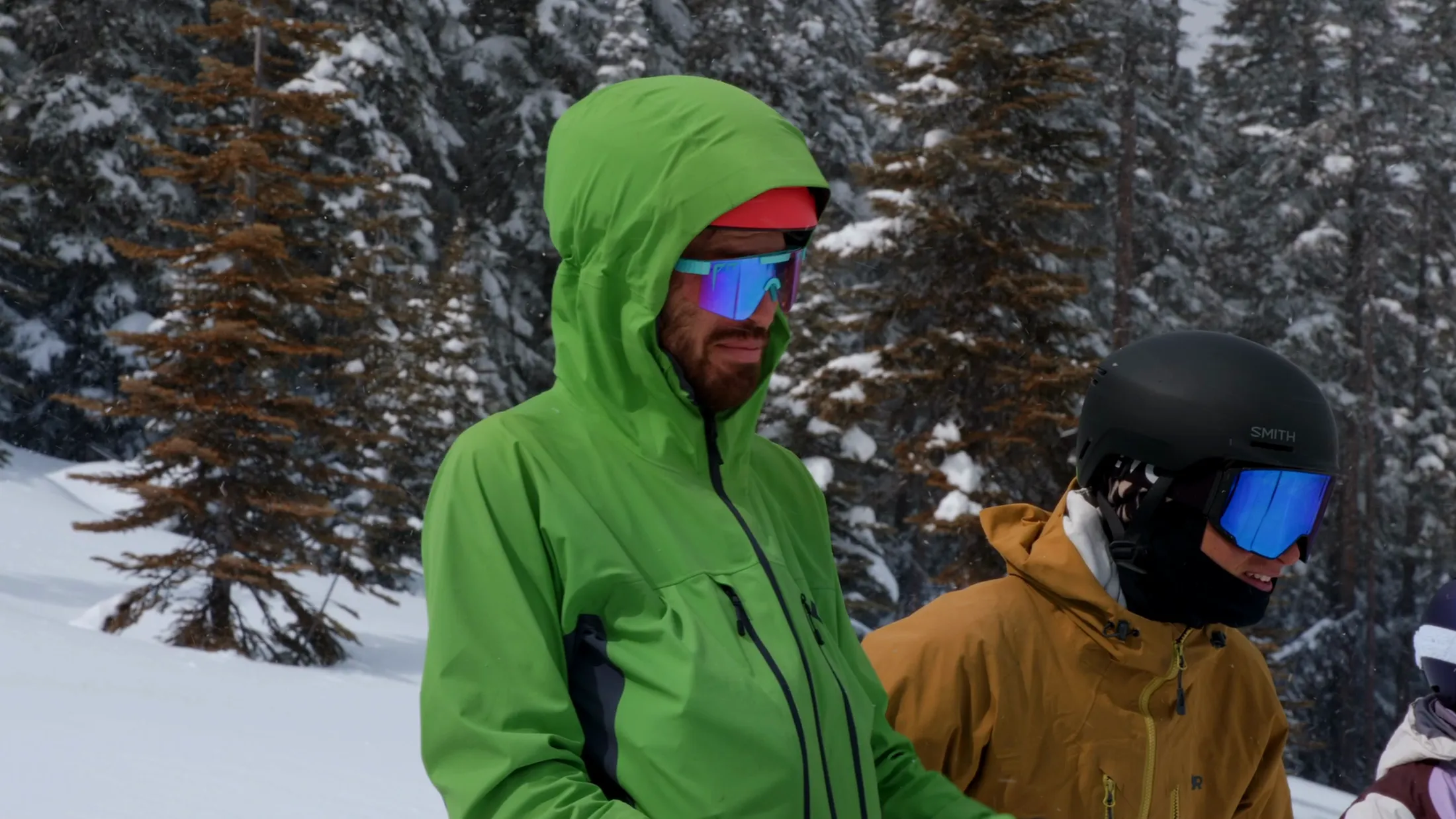 Skiers in bright jackets among snowy firs